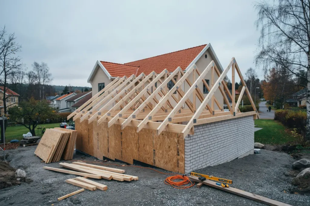 takstolar monterade f r tillbyggnad av villa i sickla nacka